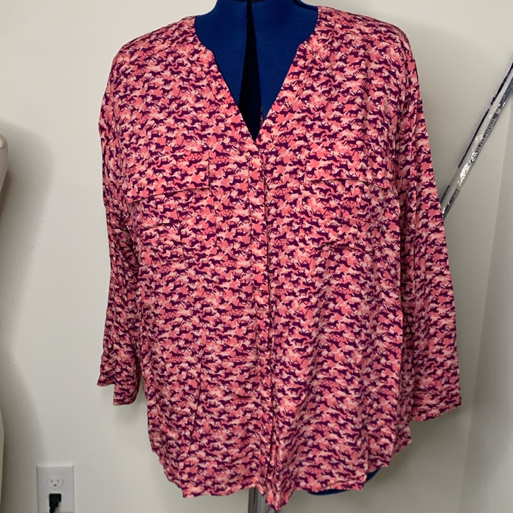 A.n.a Blouse button up long sleeve adjustable front pocket pink purple horses 3X